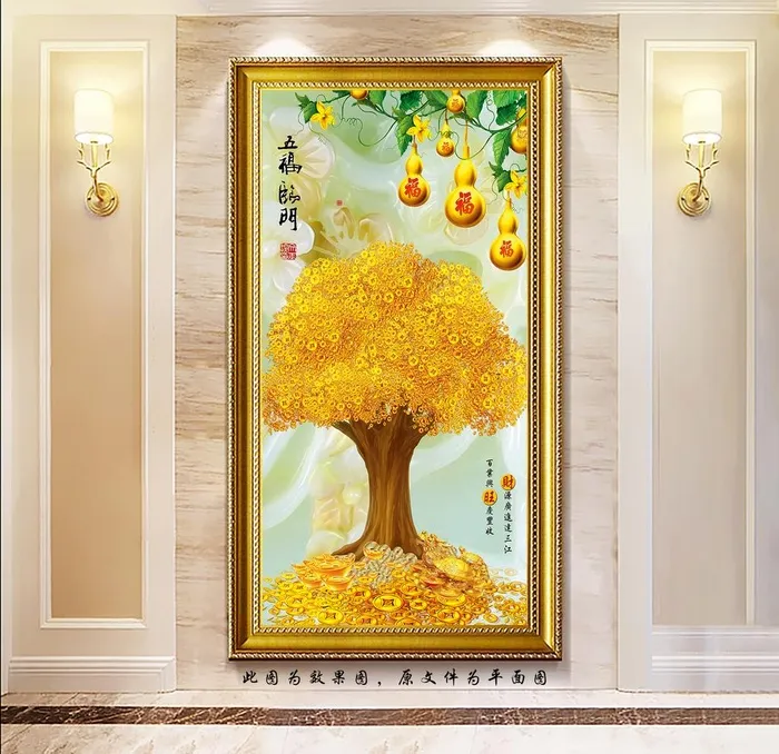 黄金发财树玄关画图片(3685x6803)psd模版下载