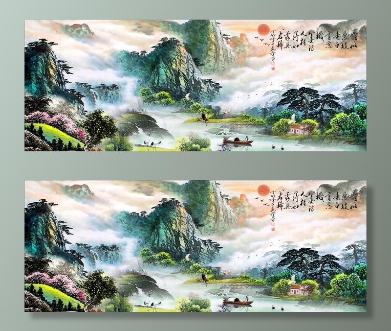 水墨山水背景图片(6010x2500)psd模版下载