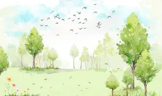 水彩树林现代背景墙图片