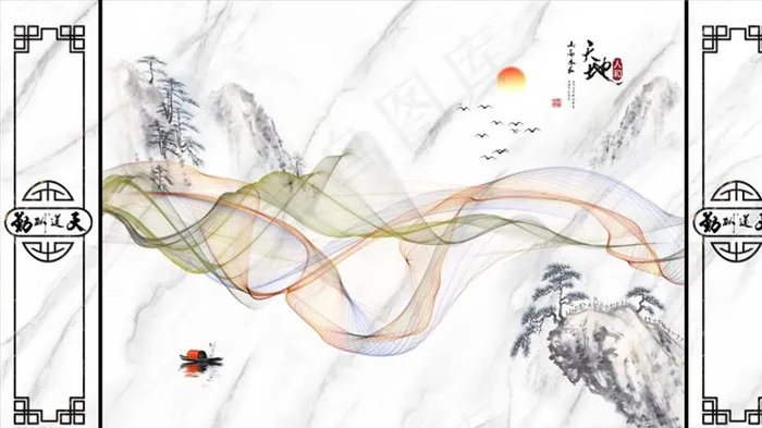水墨山水 飘带 小船 框框 背图片psd模版下载