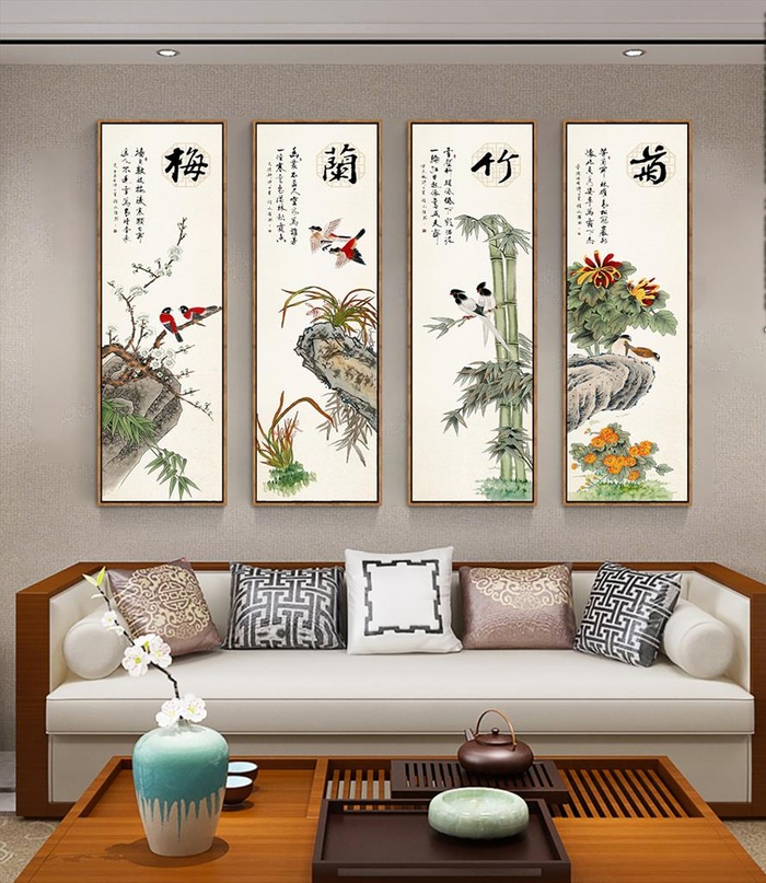 梅兰竹菊四联画图片(3543x8858)psd模版下载