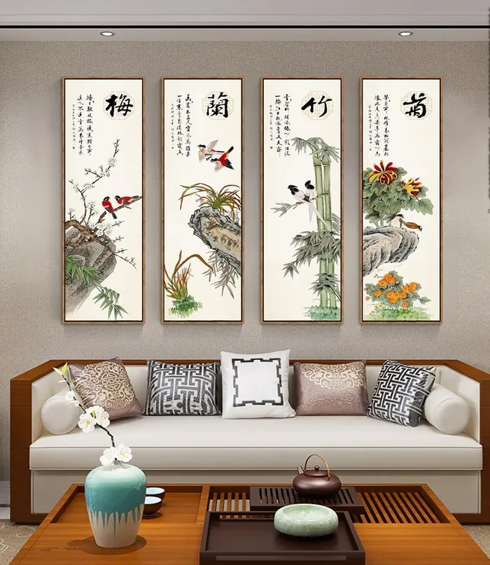 梅兰竹菊四联画图片(3543x8858)psd模版下载