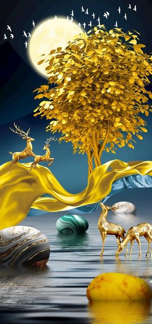 麋鹿山水石来运转装饰画玄关图片