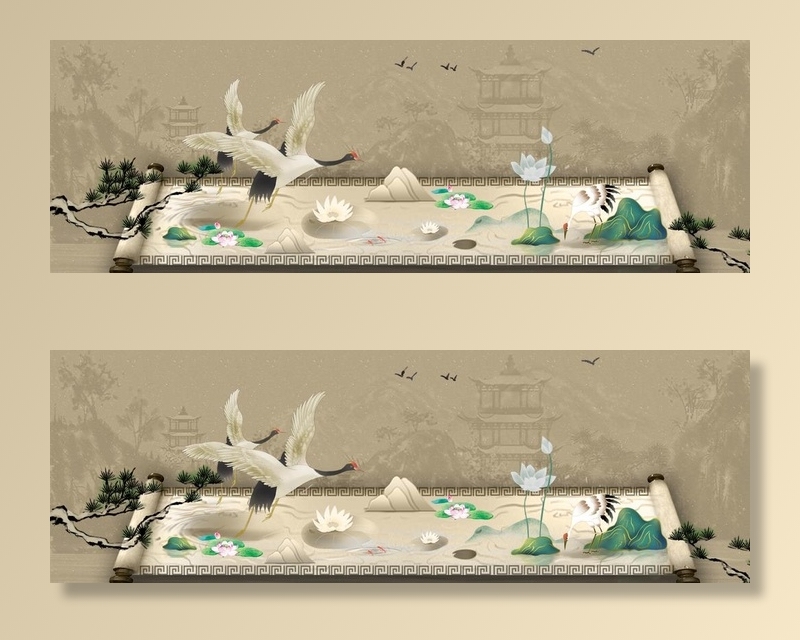 工笔花鸟卷轴仙鹤背景图片