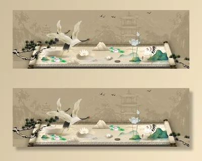 工笔花鸟卷轴仙鹤背景图片