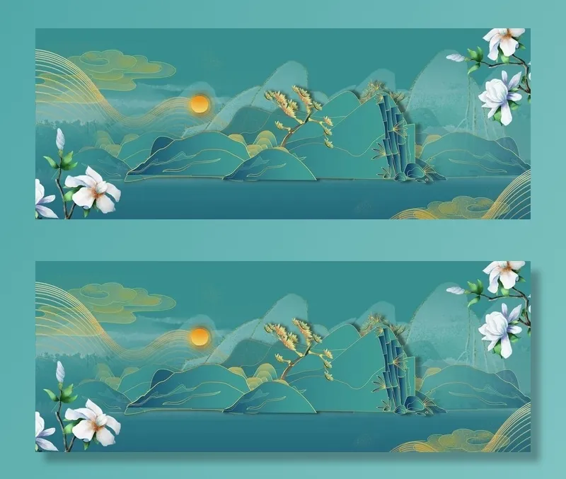 新中式鎏金山水画图片(3543x1476)psd模版下载