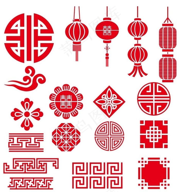 中国中式灯笼祥云等传统纹理元素图片cdr矢量模版下载