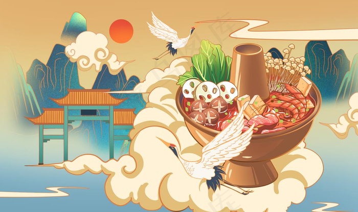 国潮火锅插画图片psd模版下载