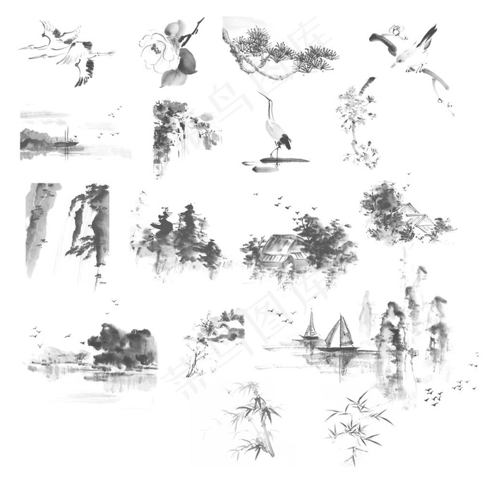 水墨山水素材图片(8408x8408)psd模版下载