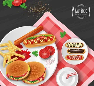 创意餐布上的2盘快餐食物图片