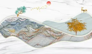 新中式麋鹿山水背景图片