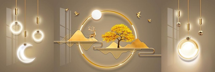 抽象创意麋鹿发财树灯光三联画图片(10453x3848)