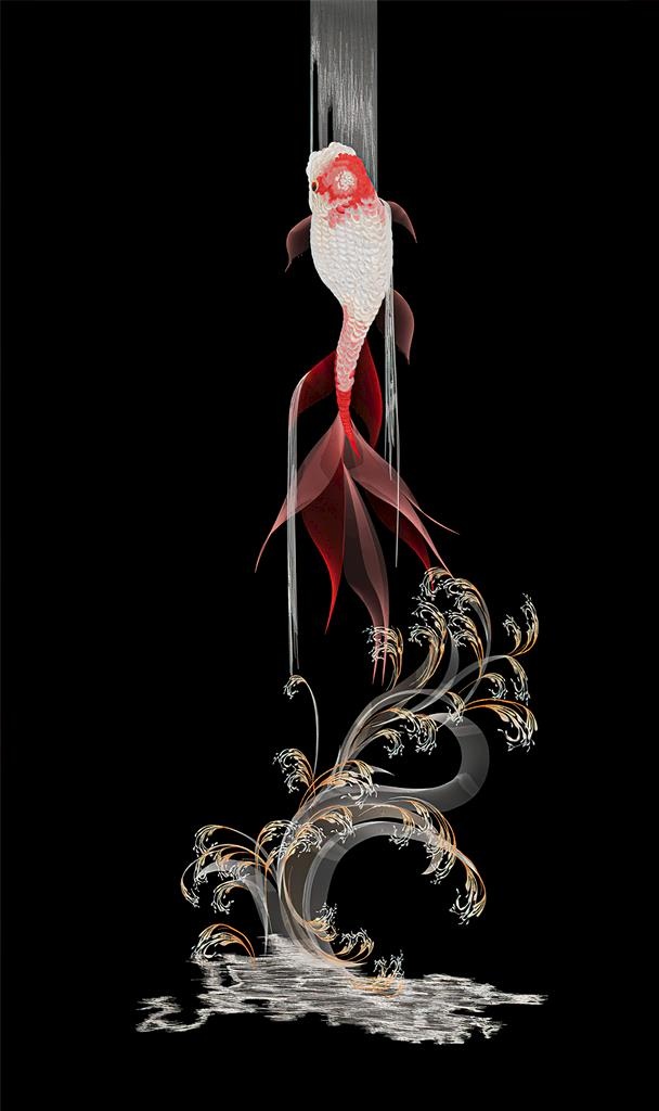 工笔水墨鱼跃龙门玄关图片