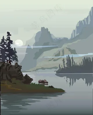 山水风景画矢量图图片