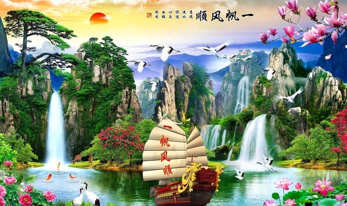流水生财山水背景墙图片(9071x5669)psd模版下载