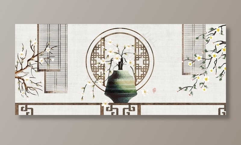 中式室雅兰香花瓶水墨画图片(7647x3544)
