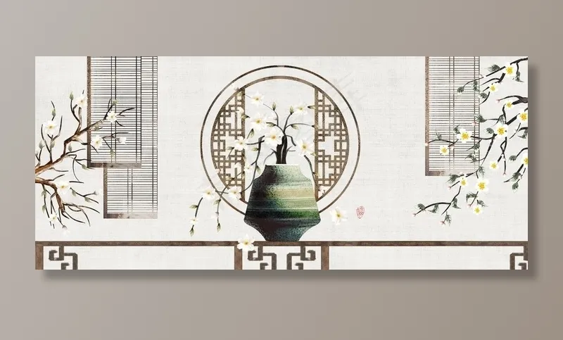中式室雅兰香花瓶水墨画图片(7647x3544)
