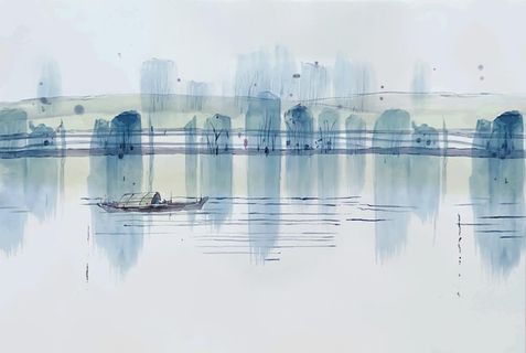 新中式简约手绘水墨山水图片