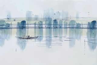 新中式简约手绘水墨山水图片