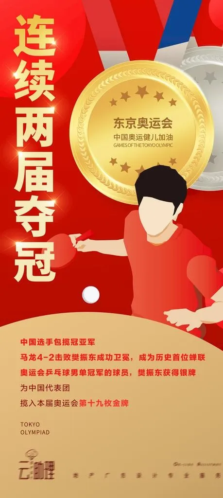 奥运会乒乓球冠军海报图片(1000x3000)psd模版下载