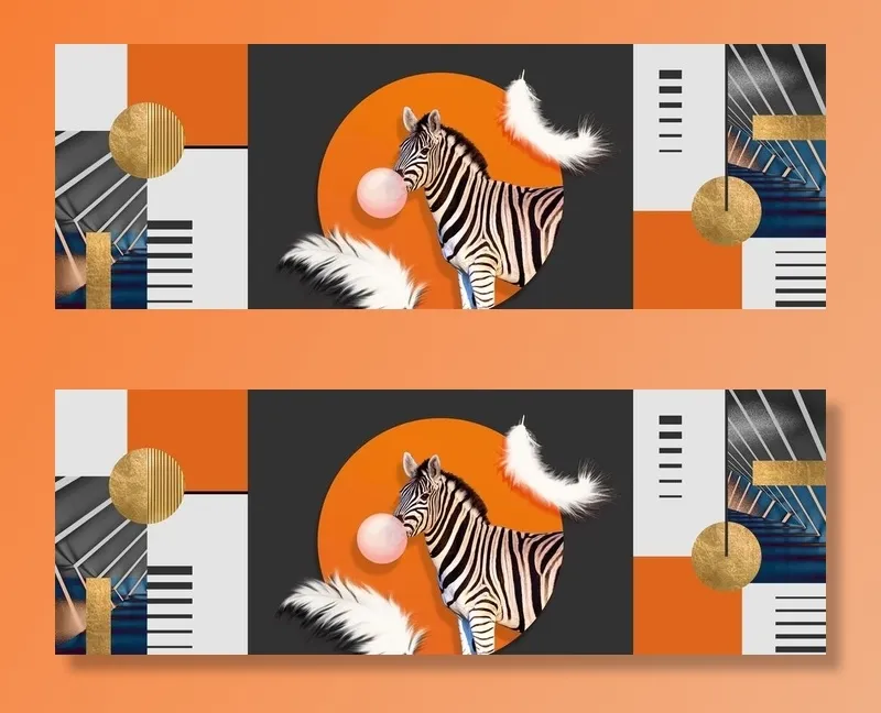斑马羽毛时尚艺术装饰画挂画图片(9449x3543)psd模版下载
