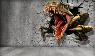 3D砖墙残墙侏罗纪恐龙电视背景图片