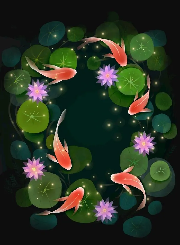 原创手绘梦幻睡莲与鲤鱼插画装饰图片