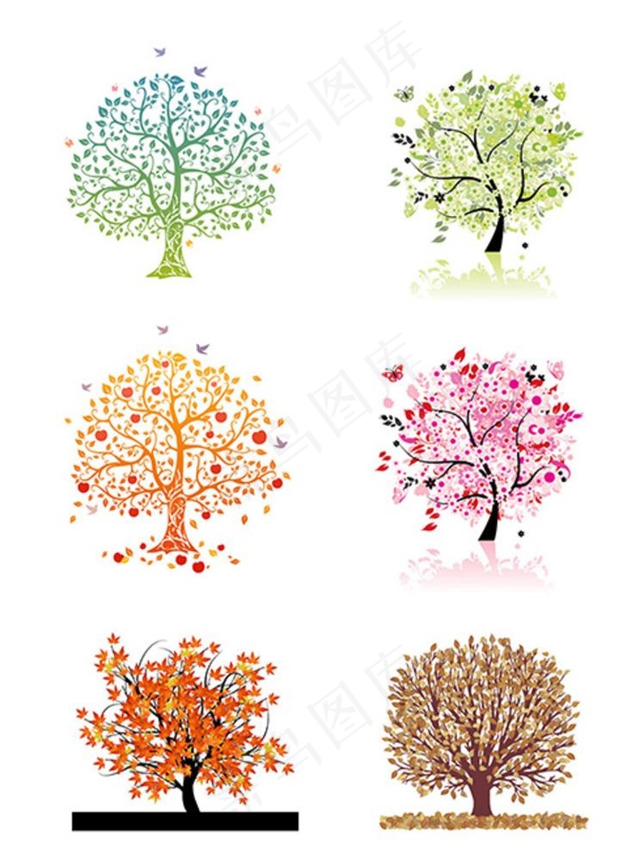 春夏秋冬创意色彩树木矢量素材图片