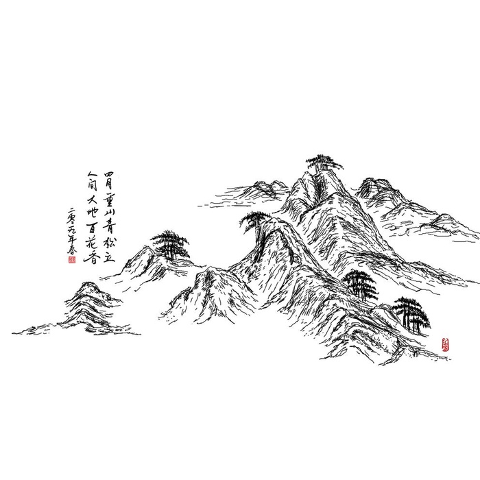 四月中国风山水手绘素材图片(2000x2000)psd模版下载