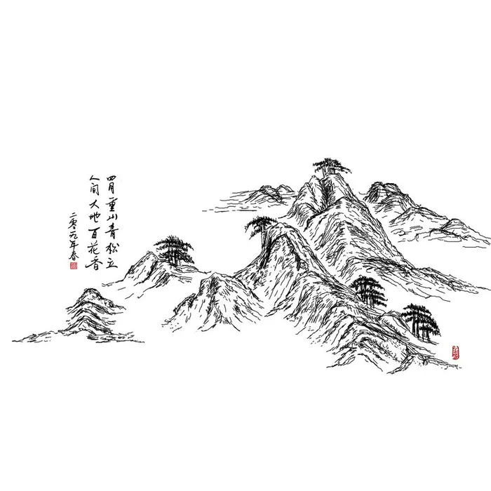 四月中国风山水手绘素材图片(2000x2000)psd模版下载