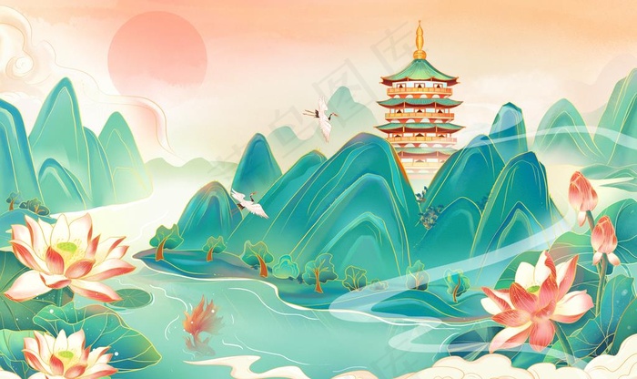 国潮山水图片psd模版下载