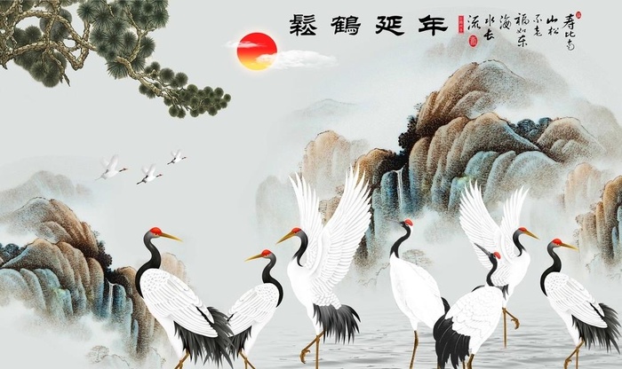 松鹤延年山水画图片(9071x5669)psd模版下载