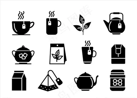 矢量茶杯茶壶茶包茶叶剪影图片