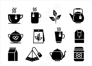 矢量茶杯茶壶茶包茶叶剪影图片