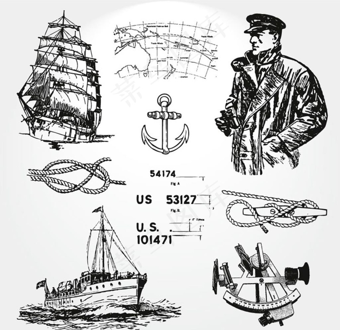 手绘航海插画元素图片ai矢量模版下载