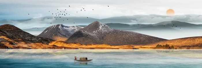 装饰画 海边晚霞 石头帆船图片(11220x4134)