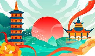 矢量亭子山水插画图片