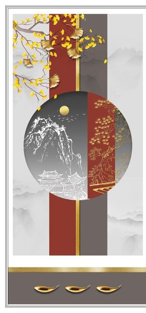 金色发财树山水装饰画图片