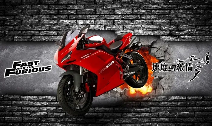 速度与激情破墙跑车摩托车背景墙图片(9071x5669)