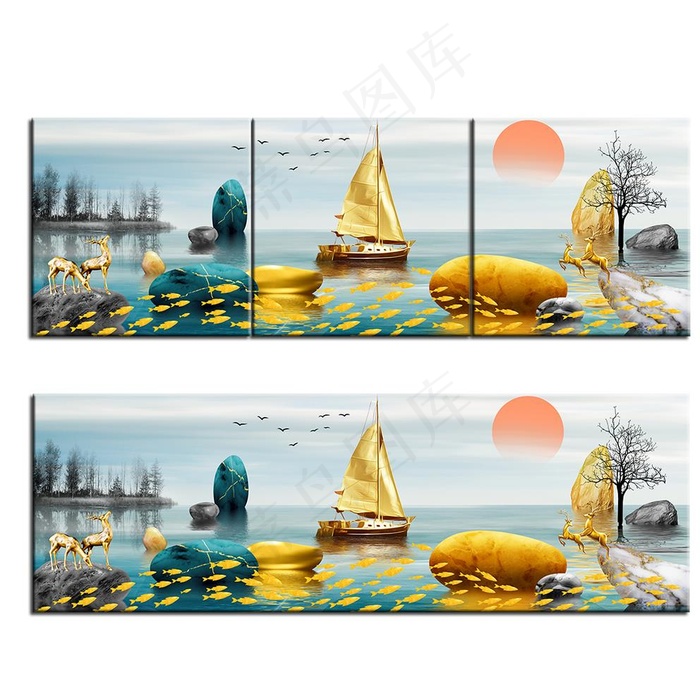 金色麋鹿发财鹿 装饰画图片(14173x4724)psd模版下载