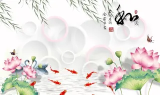 现代简约荷花圆圈玄关屏风装饰画图片