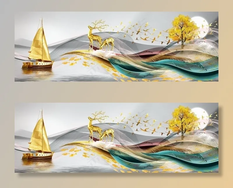 金色麋鹿发财鹿晶瓷画图片(9449x3543)