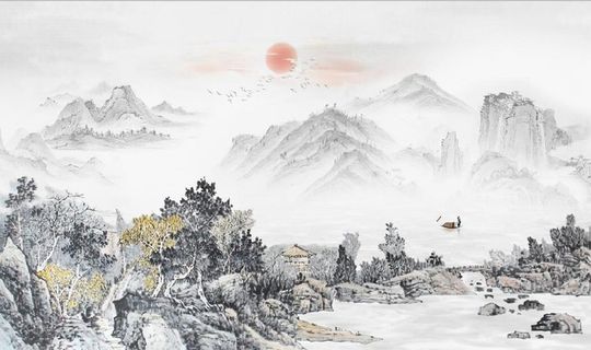 中式青绿山水国画电视背景墙图片