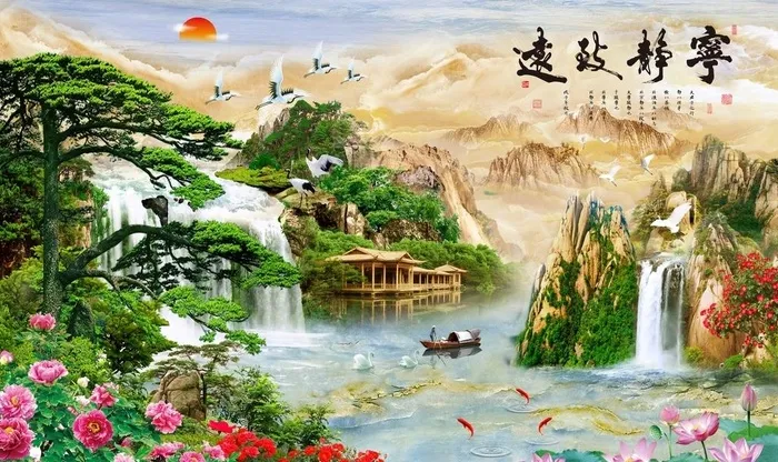 流水生财山水背景墙图片