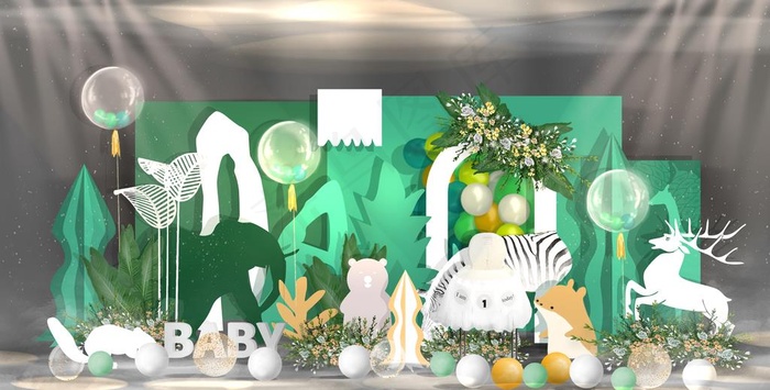 绿色森系卡通生日迎宾区效果图图片