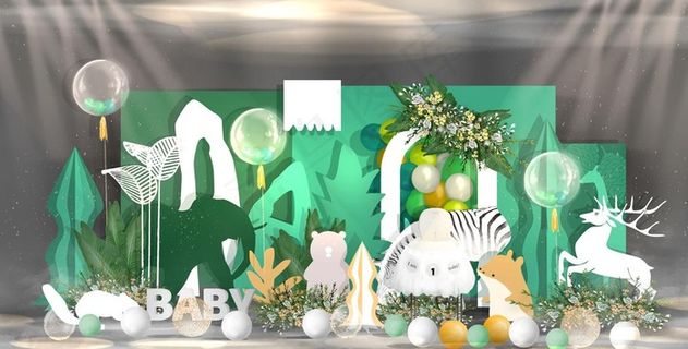 绿色森系卡通生日迎宾区效果图图片