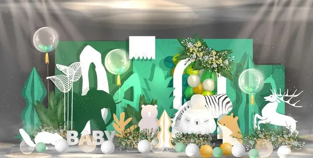 绿色森系卡通生日迎宾区效果图图片 绿色森系卡通生日迎宾区效果图图片