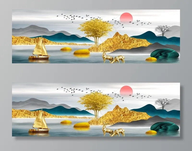 麋鹿发财树金色山水装饰画图片(10039x3543)