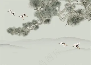 松鹤延年远山背景墙图片