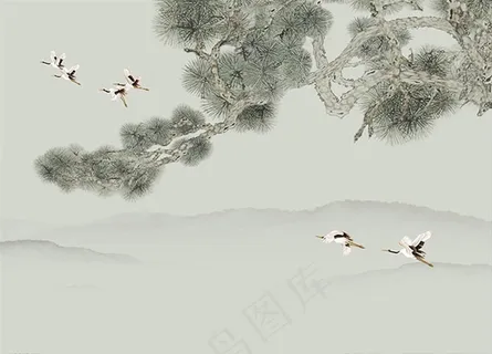 松鹤延年远山背景墙图片 松鹤延年远山背景墙图片